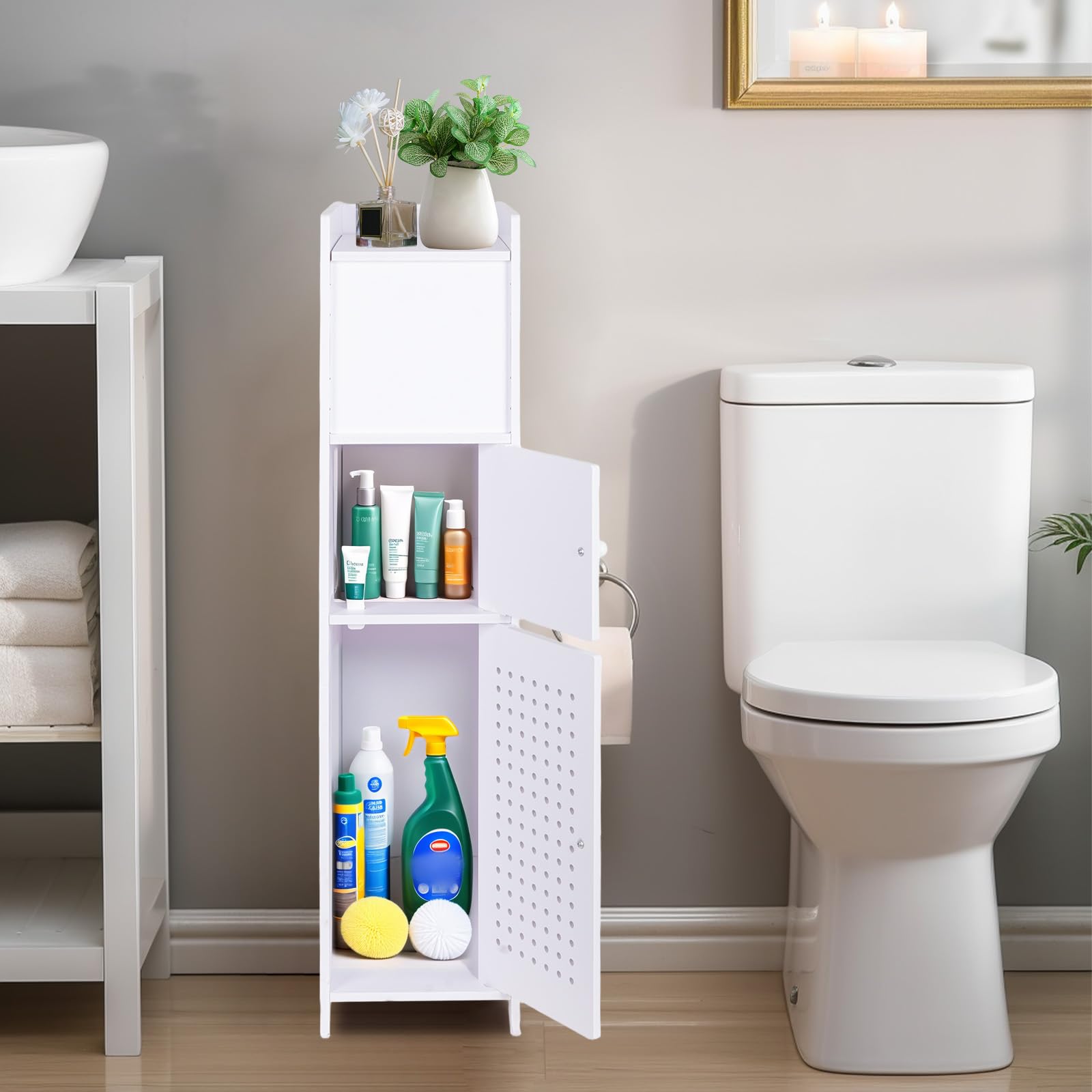 powerking Soporte para papel higiénico, pequeño armario de almacenamiento de baño blanco con puertas, armario de almacenamiento de baño delgado para espacios pequeños de esquina en el suelo