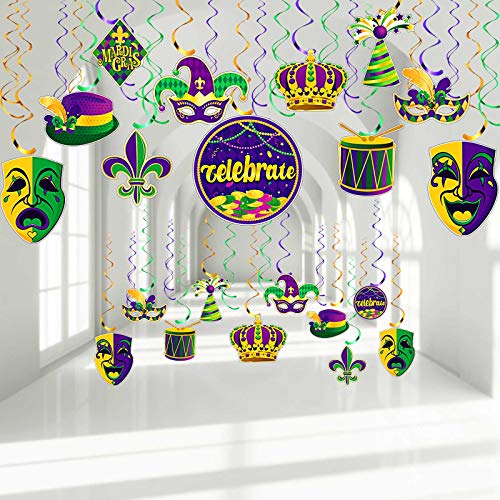 30 pieces mardi gras party hanging swirl decorations, gold green …