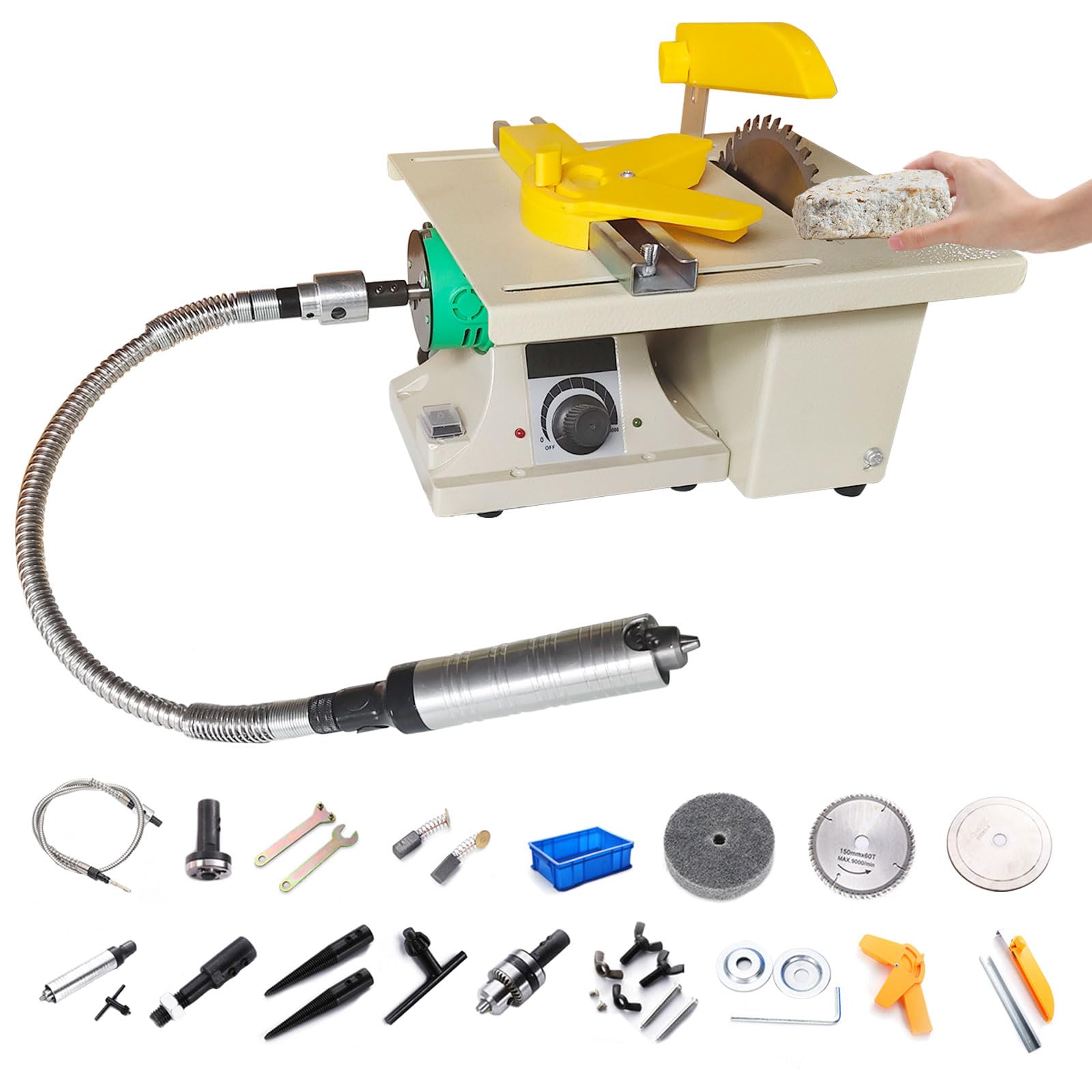 Mini Table Saw, Table Jewellery Lapidary Saws with Flexible Shaft, 0-10000r/min, Adjustable Speed & Angle, 750W Electric Stone Polishing Machine for Stone, Wood, Plastic, Acrylic, Craft Cutting
