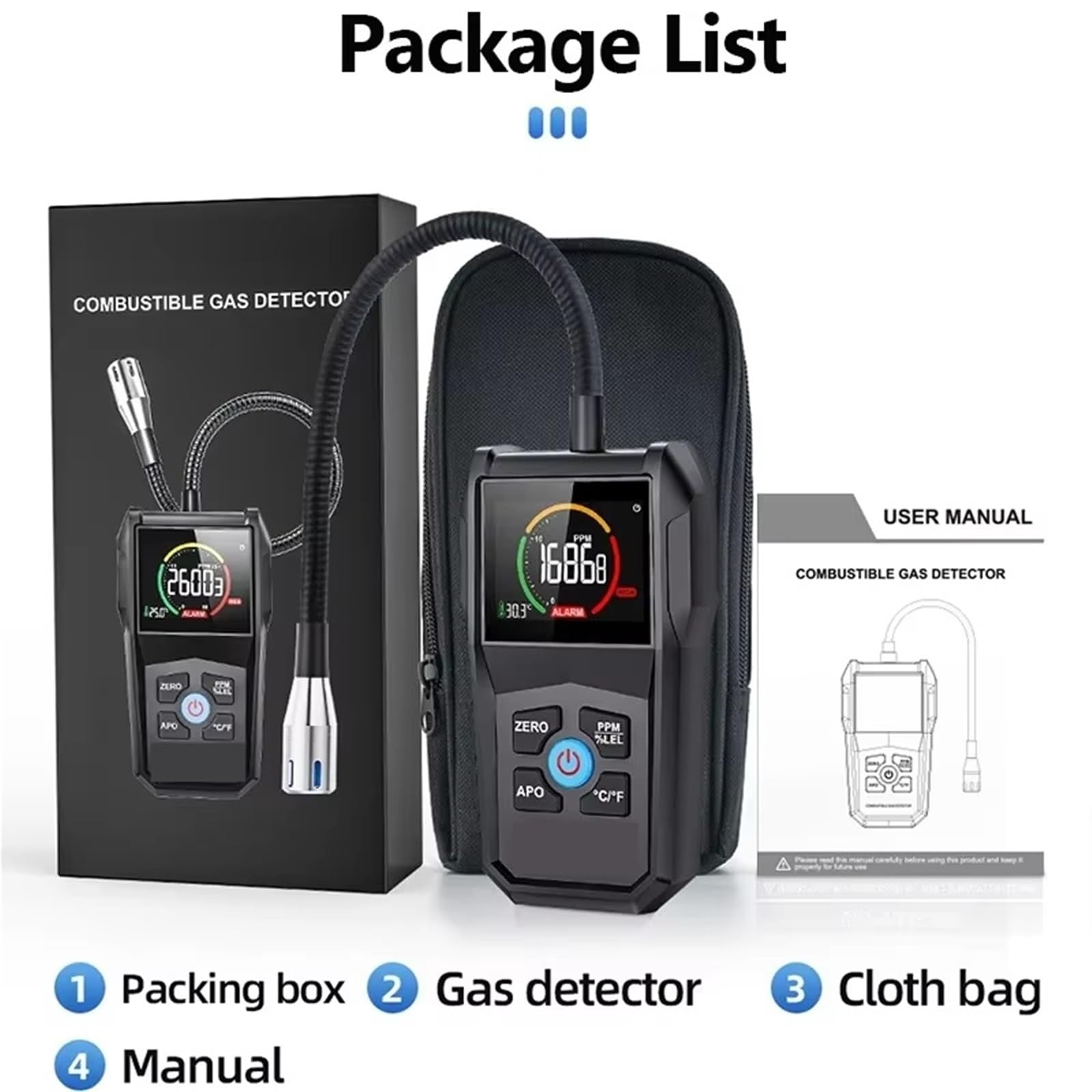 Contador partículas polvo, Analizador De Detector Gas Combustible CGD02A, Fuga 50000 PPM para interiores exteriores | Pantalla LCD, Alarma Luz Y Sonido