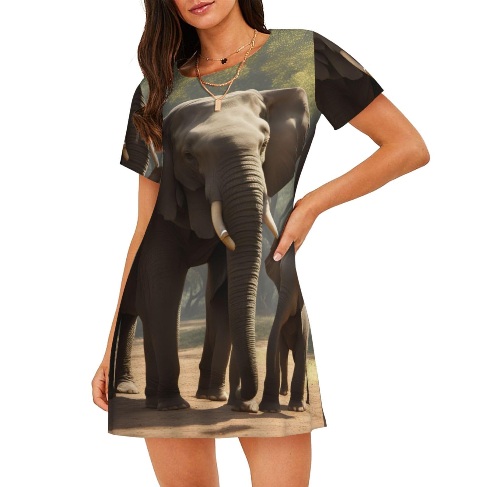 LONGZEHAO Elephant Print Women's Cotton Nightgown Sleepwear Short Sleeves Casual Nightdress Comfy Pajama, Black, L