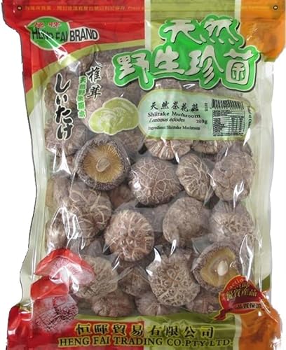 Heng Fai Shiitake Mushroom - Large Meaty Texture and Distinct Flavour | Ideal for Soup, Stir-Fries, Stews, and Everyday Food | Fresh Firm Caps For Longer Refrigerator Storage | Vegan-Friendly | 200g