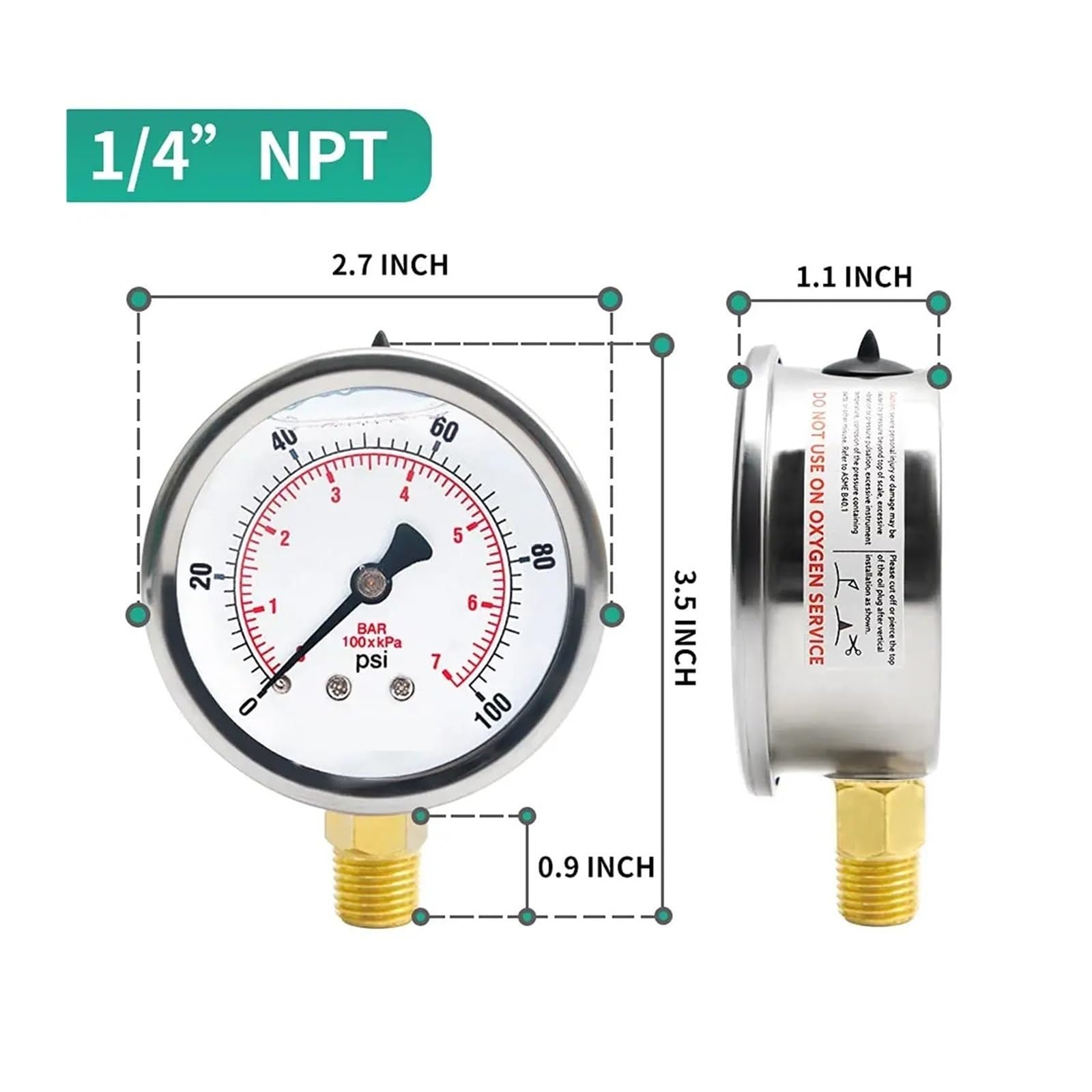 Manómetro, Manómetro 0-100Psi 1/4"NPT Manómetro de presión de agua para gas aire hidráulico con aceite | G1-4,0-200psi