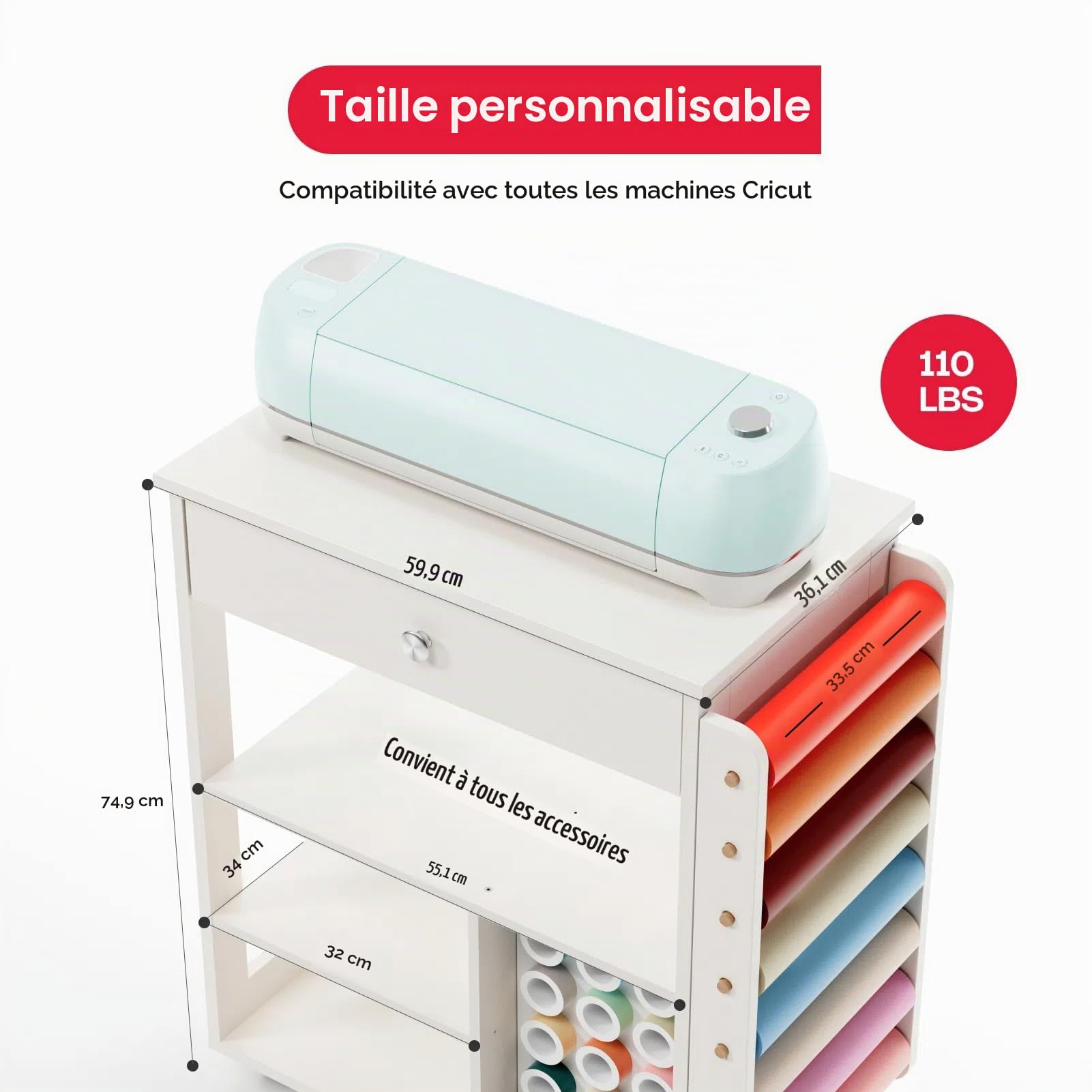 Chariot d’Organisation et de Stockage Crafit Compatible avec la Machine Cricut, Organisateur de roulage Crafit avec Support de Rouleau de Vinyle, Poste de Travail de Table