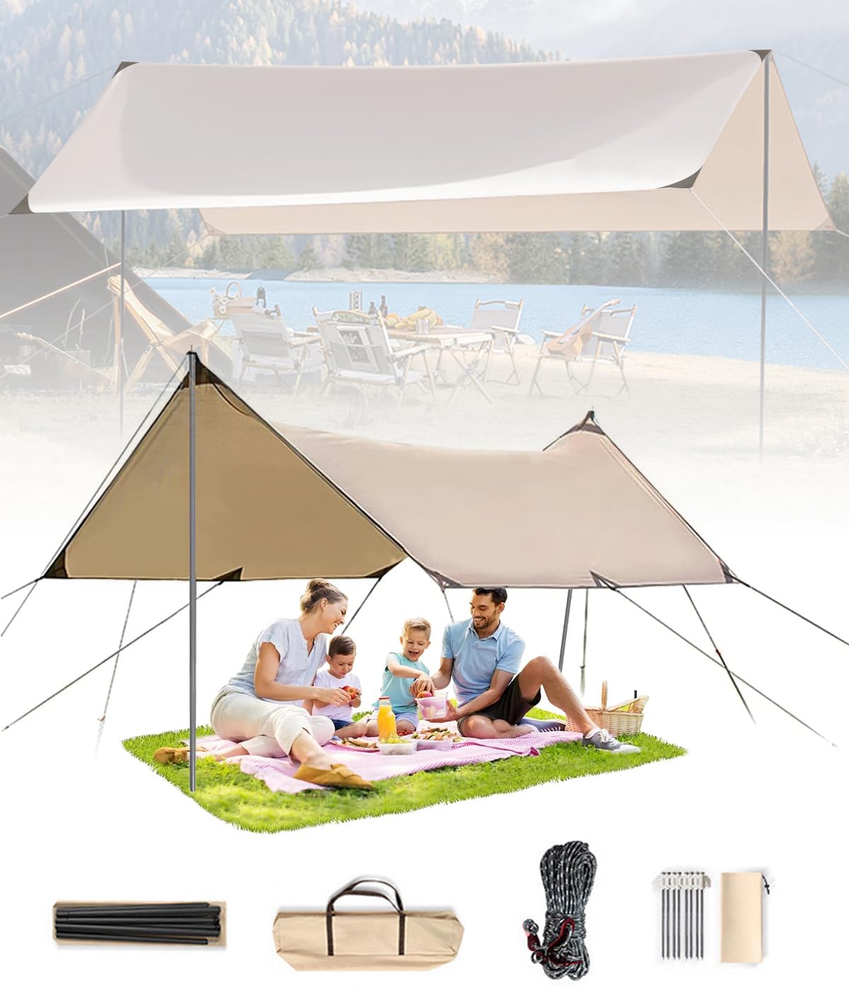 Ankila Camping Tarp, 3 * 5 meter Tarp with 2 Poles, Waterproof & Lightweight Tent Tarp Car Awning, UV UPF50+ Rain Fly Sun Shelter for Outdoor Camping Fishing Backyard Picnics Pool, 6-8 Person