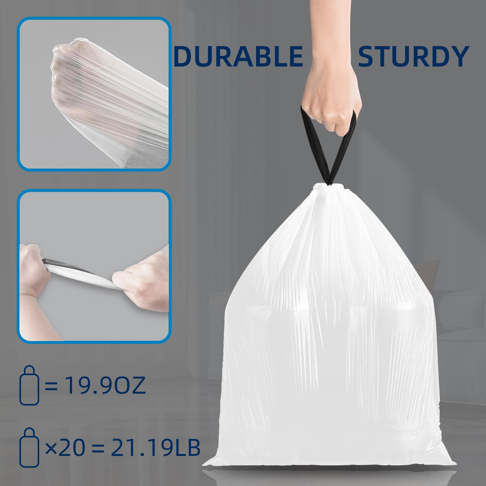 KSSKSS KSSKSS - Mini bolsas de basura con cordón de 4 galones, bolsas de basura pequeñas de 10-15 litros, 2.6-4 galones, bolsas de basura blancas para el hogar, oficina, cocina, baño, dormitorio, 120