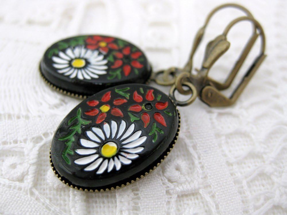 Flower Earrings Vintage Glass Antiqued Brass Black Red White Painted Fall Flowers