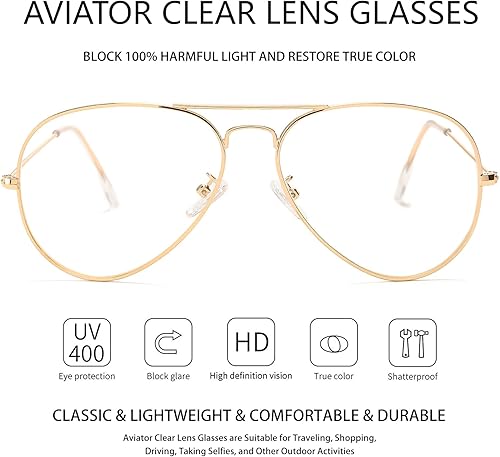 Miniatura 3 de Gafas de aviador clásicas para mujeres y hombres, marco de metal retro, lentes transparentes sin receta, 2.283 in