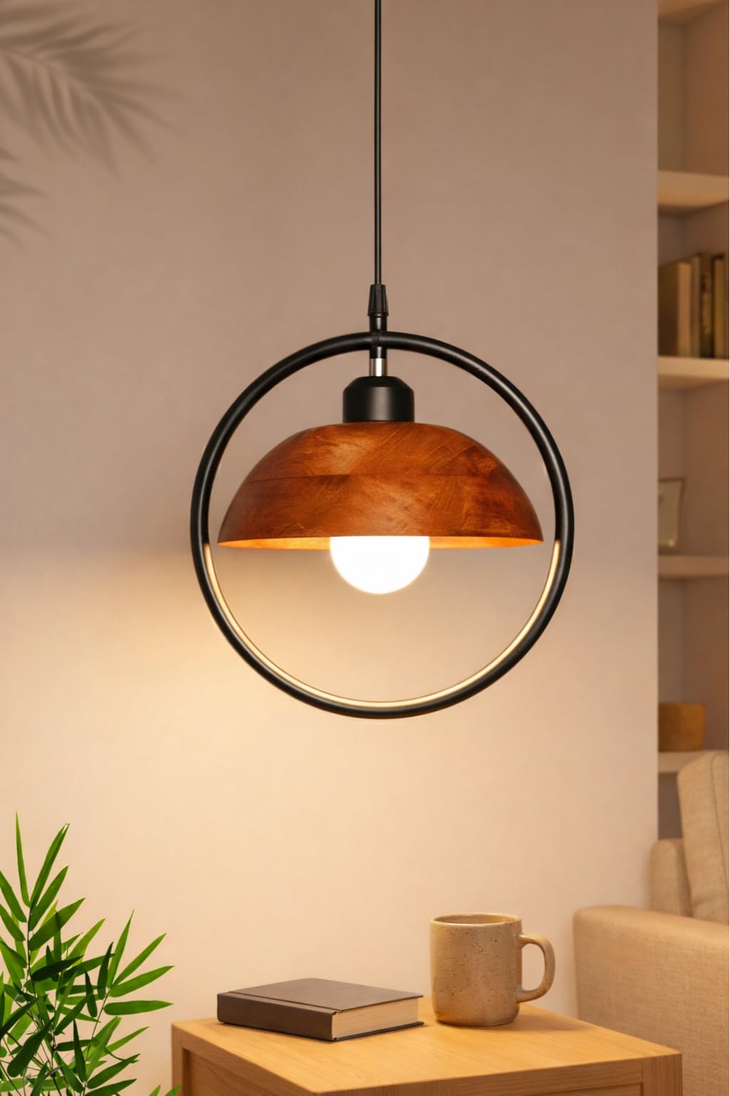 Orbit Dome Walnut Pendant Light for Living Room | Solid Wood Hanging Lamp with Black Matte Metal Ring | 9.5 Inch Diameter | Adjustable Cord Ceiling Pendant Light for Bedroom & Hall-image-25