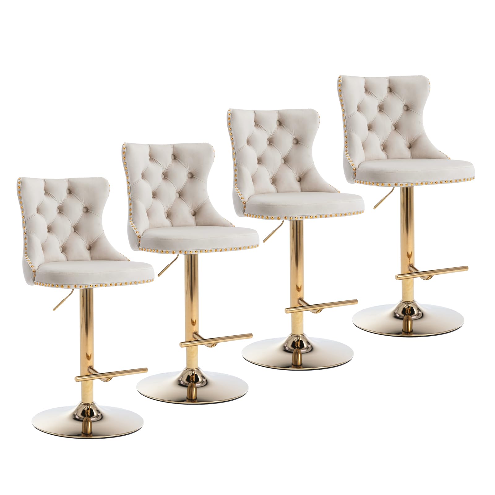 Aoowow Swivel Bar Stools Set of 4,Adjustable Barstools with Back Velvet Tufted Counter Stools Modern Upholstered Bar Chairs with Nailhead for Kitchen