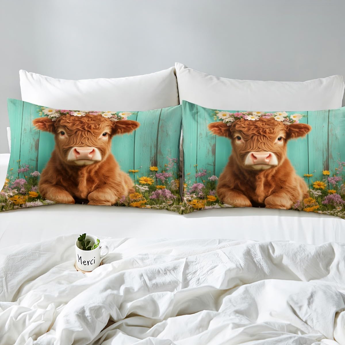 Homemissing Highland Cattle Duvet Cover Set Single Size For Kids Boys Girls Teens Highland Cow Bedding Set Daisy Botanical Floral Printed Comforter Cover with 1 Pillowcase - Image 4