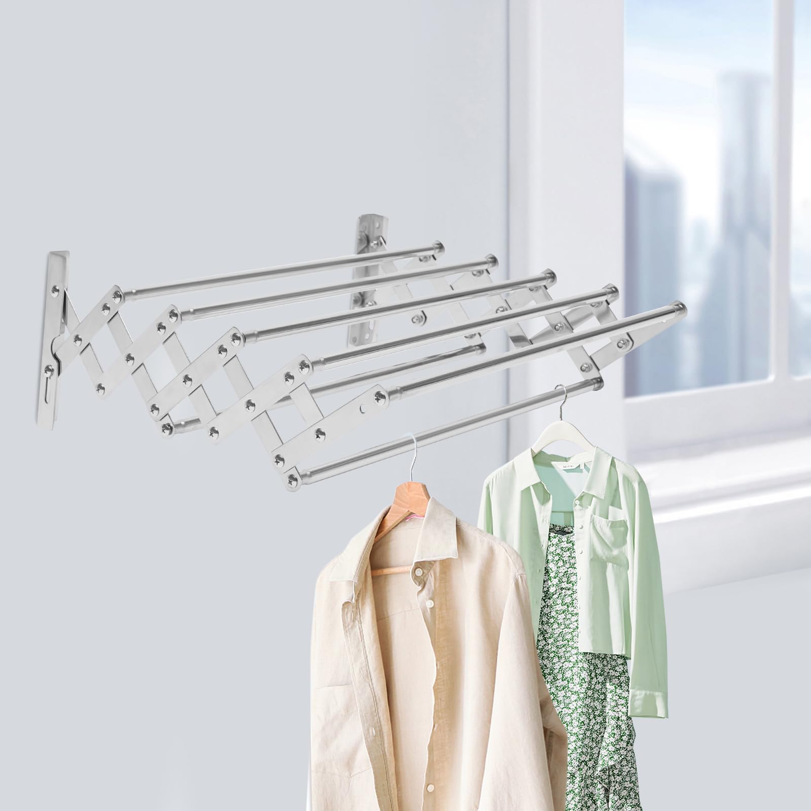 Stendibiancheria pieghevole da parete, con 7 aste, in acciaio inox, portata fino a 40 kg, per bagno/balcone, 31,5 x 80 x 14,5 cm
