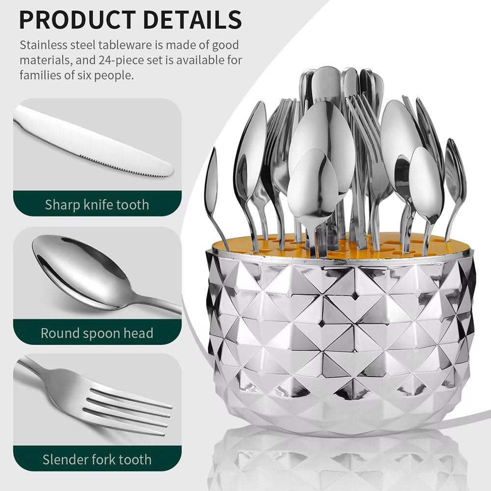 Juego de cubiertos de acero inoxidable, 24 cubiertos en forma de piña, utensilios de comer pulidos con espejo para 6, juego completo de tenedor y cuchara para el hogar o restaurante