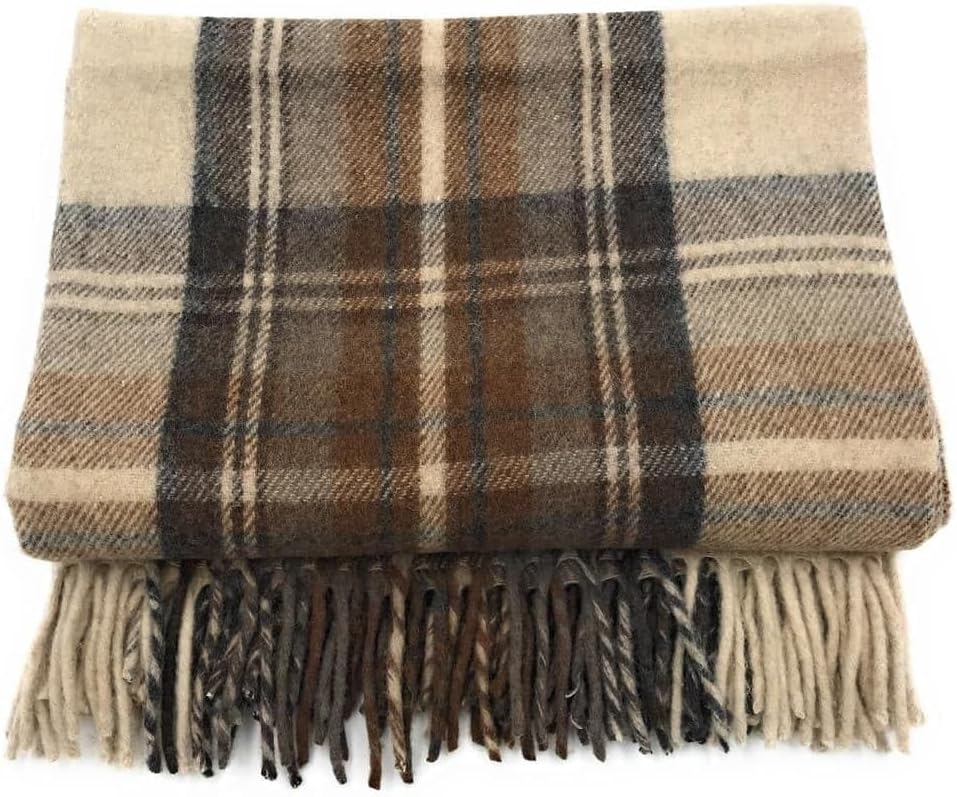 Soft Wool Tartan Knee Blanket - 185x77cm Scottish Tartan Check Rug with Fringed Edges – Warm Sofa, Travel & Car Blanket for Christmas (Stewart Natural Dress)