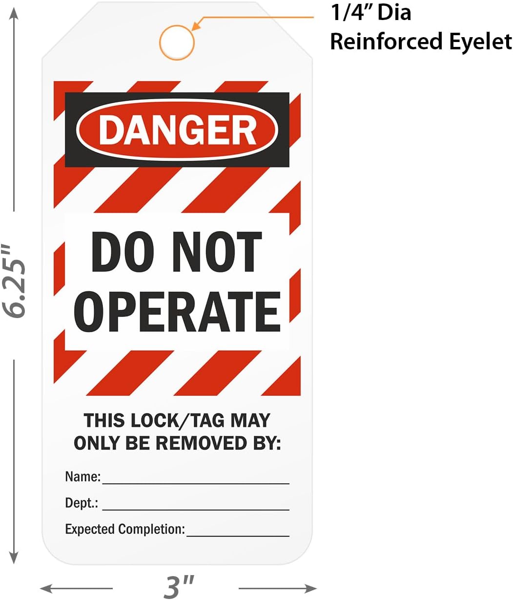 SmartSign Pack of 100 “Danger - Do Not Operate” 2-Sided Lock Out Safety Tags in Dispenser Box | 3" x 6.25" Plastic, Red White Stripes