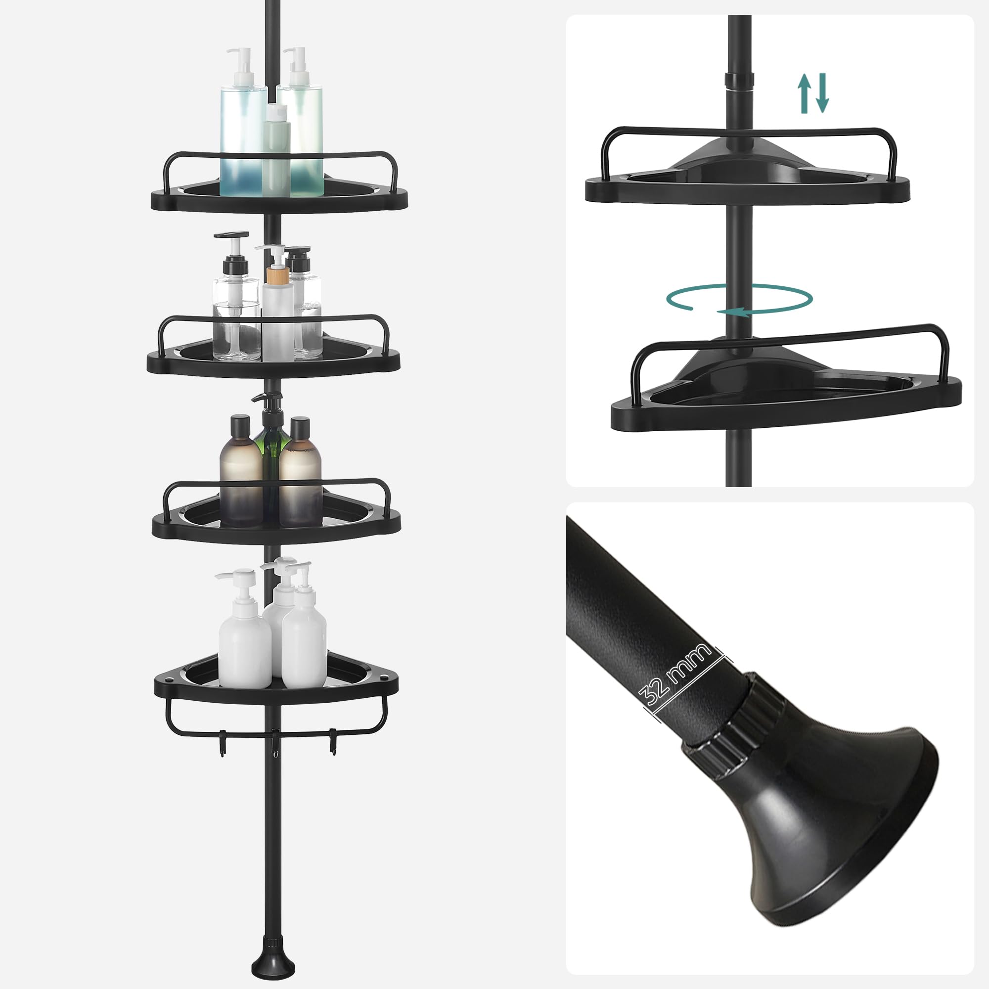 SONGMICS Narożna półka prysznicowa, 4-poziomowa półka prysznicowa, 85-305 cm, regulowany organizer łazienkowy, czarny BCB001B01