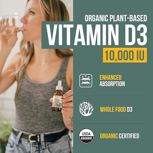 Vista 2 de Vitamina D3 orgánica de 10,000 UI – Planta D3, vegana, fuerza máxima sublingual líquido D3 gotas – 200% mayor absorción, 100%