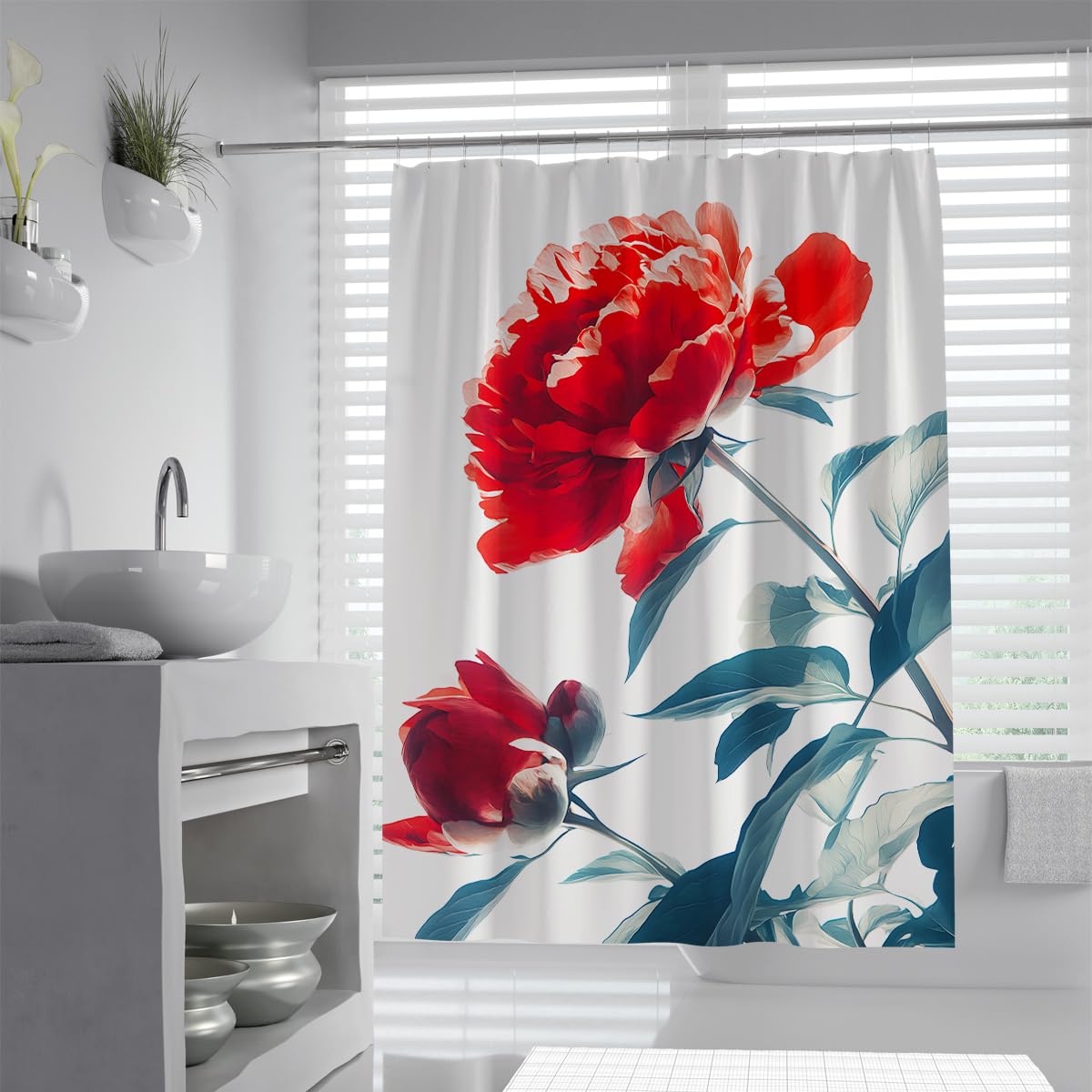 UIRINGART Crimson Red Shower Curtain W200xL220cm Elegant Peony Floral Art Waterproof Polyester Mildew Resistant Quick Dry Bathroom Screen with Hooks