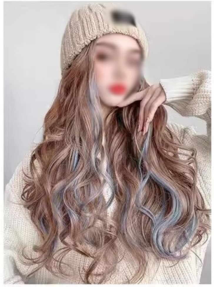 EARSHOT Wig Cap Knitted Hat Wig Hat, Wavy Curly Wig Hat, Natural Realistic Wig Hat, Women's Long Hair Wig Hat, Suitable for Outdoor Leisure Headband Wig Human Hair (Color : 01)
