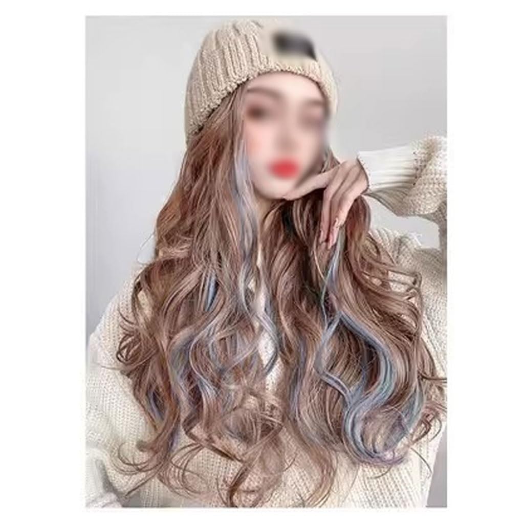 GUERNSEY Cap with Hair Attached for Women Knitted Hat Wig Hat, Wavy Curly Wig Hat, Natural Realistic Wig Hat, Women's Long Hair Wig Hat, Suitable For Outdoor Leisure Women's Wig with Hat (Color : 01)