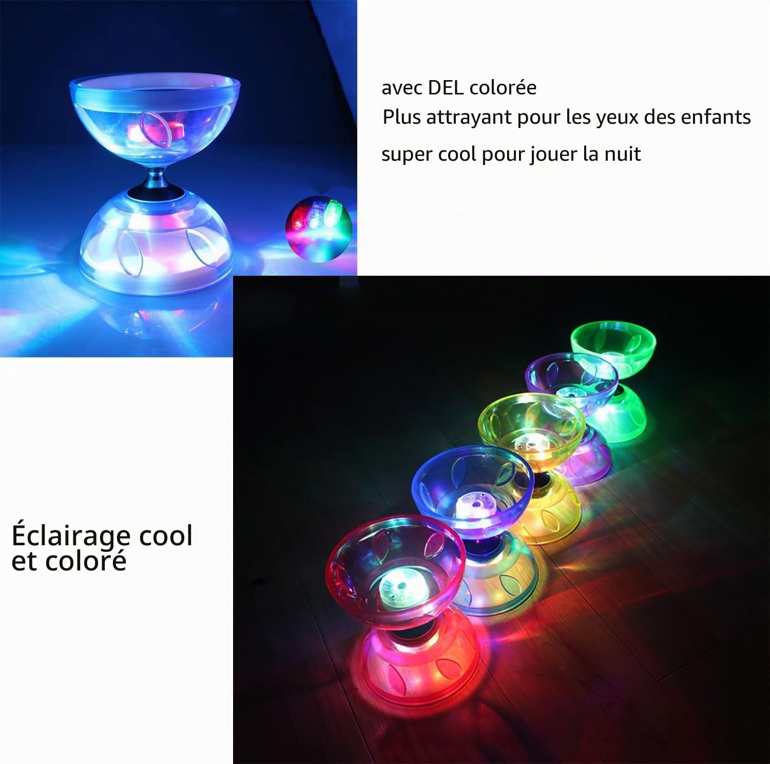 Diabolo LED avec roulement à billes - Kit diabolo - Glow in the Dark - 4 couleurs de lumière - Pour enfants, adultes, débutants, professionnels, cirque, jonglerie (violet)