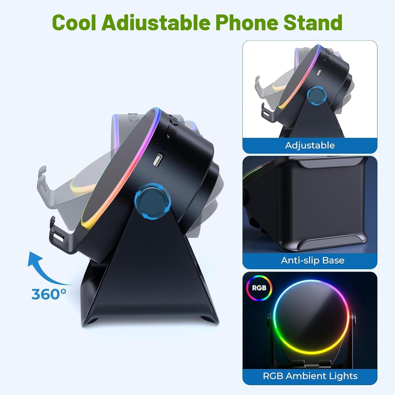 Altoparlante Bluetooth a induzione wireless 5 in 1 con supporto rotondo regolabile per telefono, altoparlante Bluetooth stereo multifunzionale, luce ambientale 8 RGB e lunga durata della