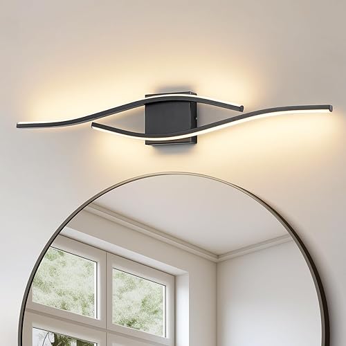 Joossnwell Lámpara de tocador de baño, moderna lámpara de baño sobre espejo de 31.5 pulgadas, barra de luz negra regulable 5CCT, luces LED de
