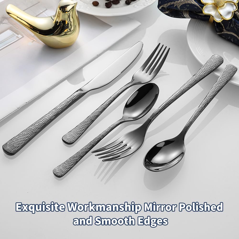 Hammered Black Silverware Set, Flatware Set, 18/10 Stainless Steel Premium Cutlery with Unique Ripple Handles Tree Pattern Design Mirror Polished - Dishwasher Safe (20-Piece)