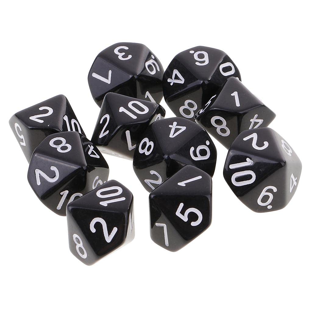 Luwecf 10pcs 10 Sided Dice D10 Polyhedral Dice for Dungeons And Dragons Games, Black, 16mm