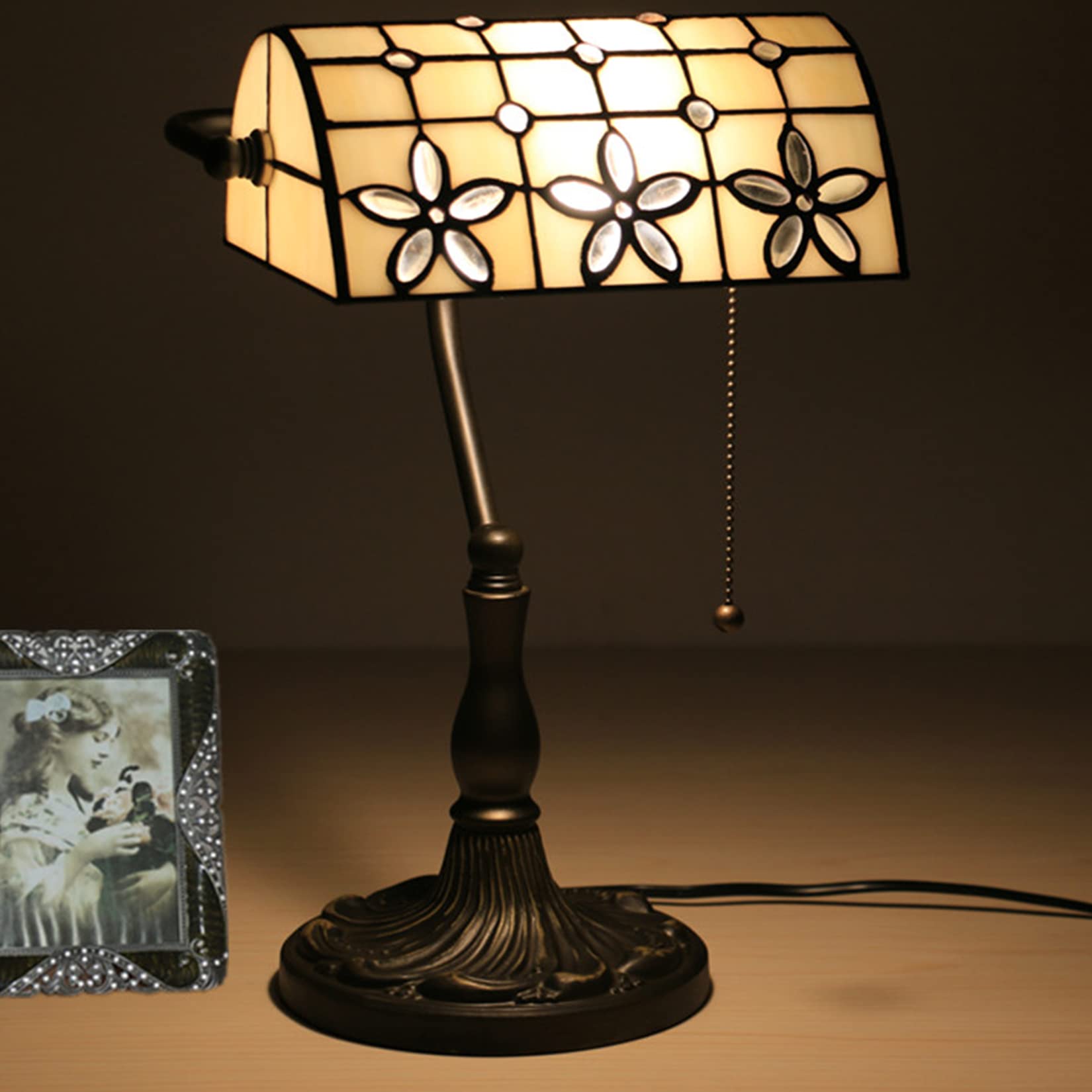 AIBOTY Banker Lamp Tiffany Desk Lamp Floral Style Lampshade Stained Glass Table Lamp Bedside Nightstand Piano Reading Lamp Work Study Desktop Light Decor Homebedroom Living Room Office,F