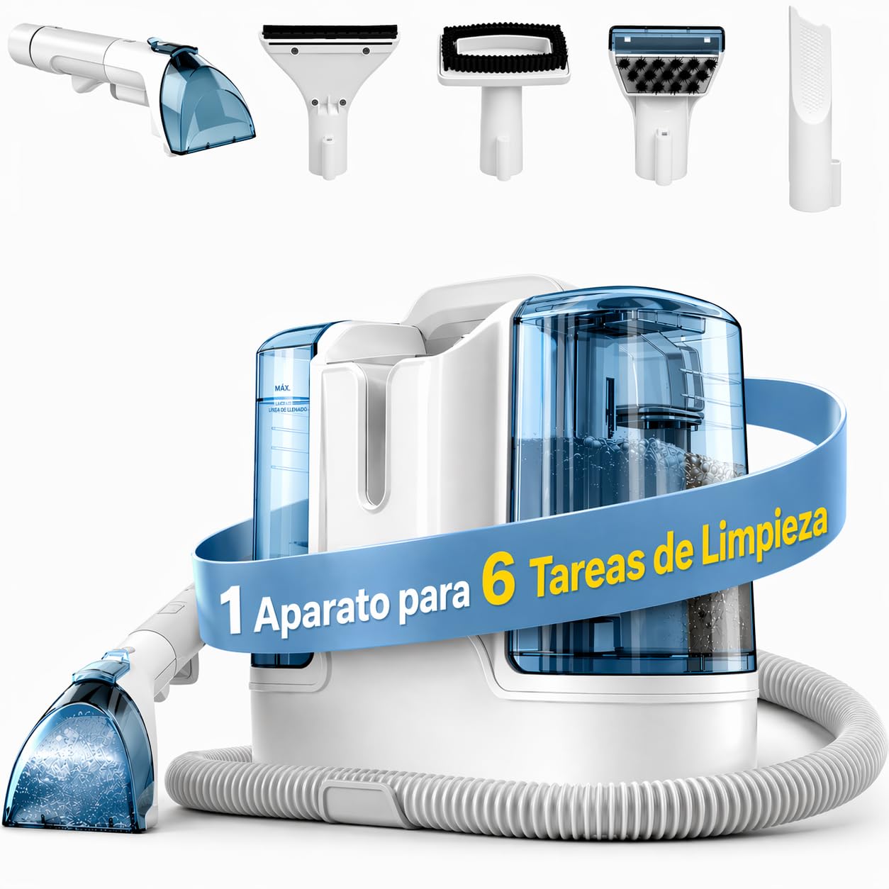 Limpiador de Tapicerias 450W 16 KPa, Aspiradora de Agua Tapiceria con 6 Cepillos de Limpieza, Limpiador de Alfombras con Doble Depósito de Agua de 1800/600 ml, Coche Carpet Cleaner Machine
