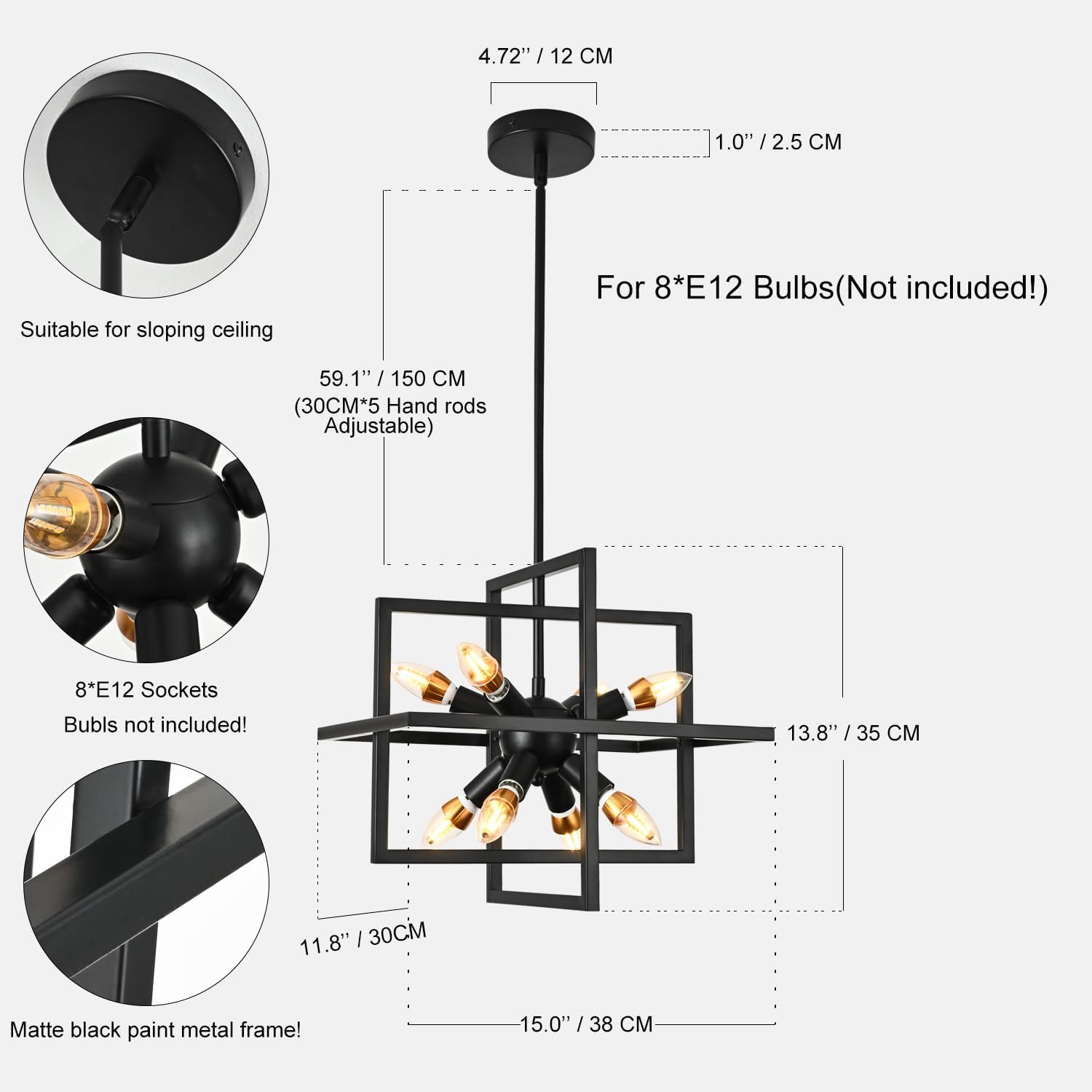 Modern Black Farmhouse Chandeliers,Small 8 Lights/E12 Geometric Pendant Light Adjustable Metal Hanging Lights for Dining Room,Kitchen Island,Foyer,Entryway,Hallway