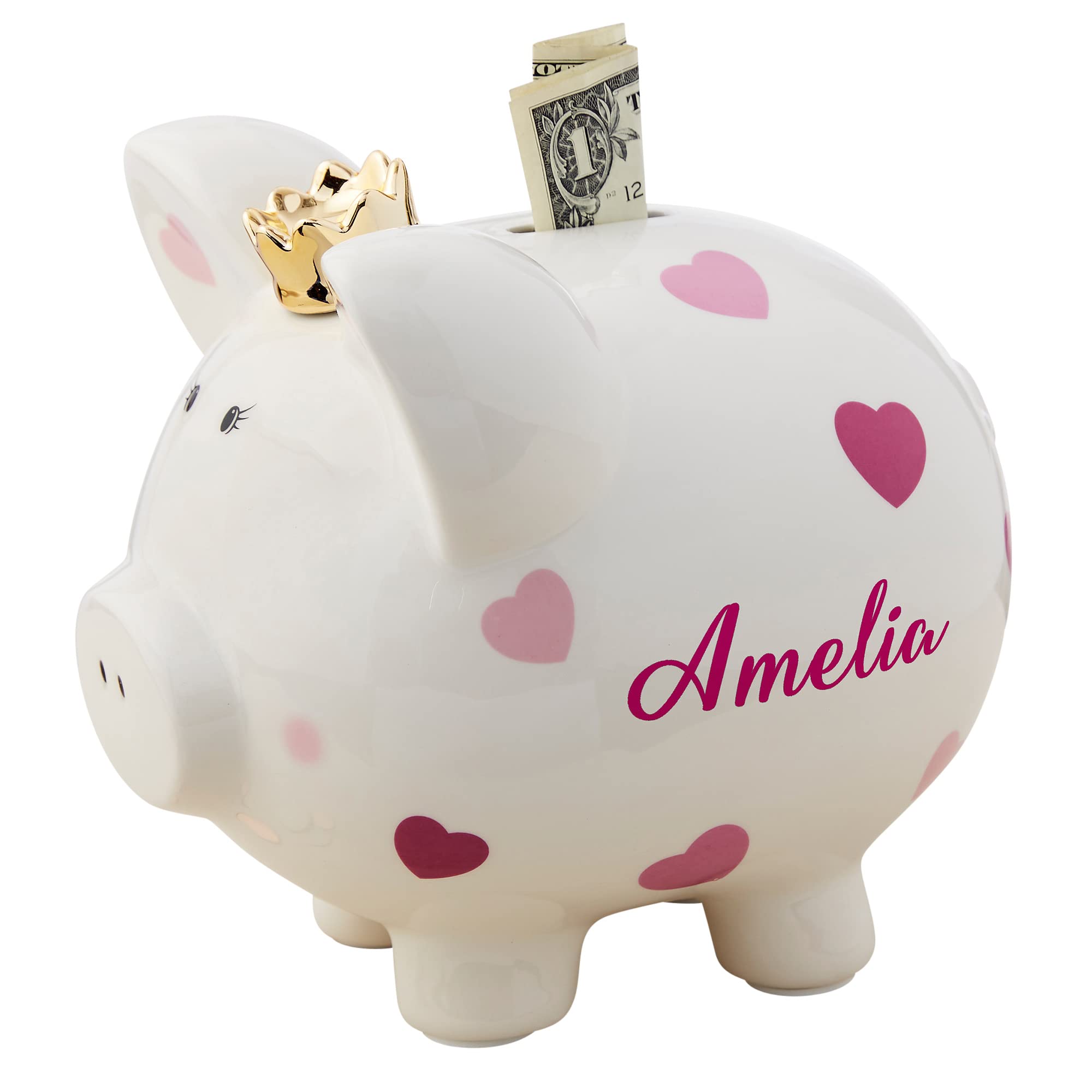 Personalization Universe Baby Girl Pink Polka Dot Personalized Piggy Bank, Ceramic Money Saving Box with Gold Mini Crown, Ideal for Kids, Girls, Baby Easter Basket Stuffers, Large Size…