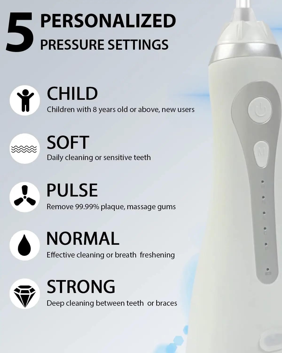 Irrigador bucal eléctrico impermeable, irrigador bucal portátil, inalámbrico, 300 ml, limpiador de riego de viaje, IPX7, 4 puntas, 5 modos, máquina para limpieza de dientes