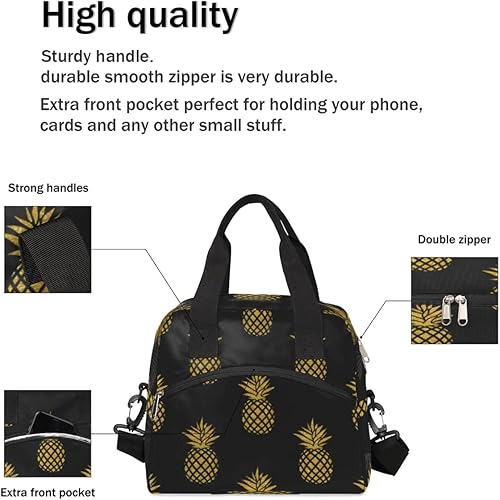 Miniatura 4 de Bolsa de almuerzo aislada para mujeres y hombres diseño de piña dorada color negro reutilizable bolsa de almuerzo grande para el trabajo picnic