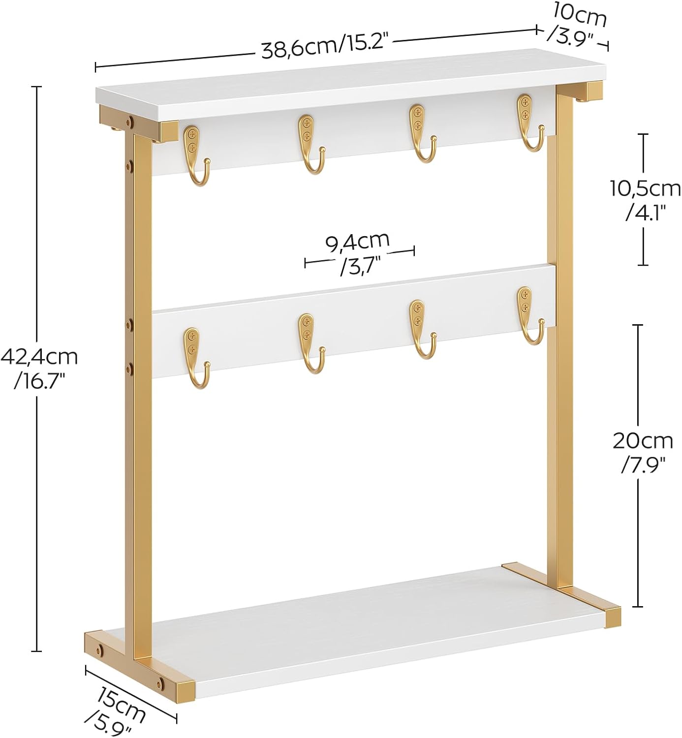 YATINEY Coffee Mug Holder for Counter, 2 Tier Mug Tree Rack, with 8 Hook and 2 Open Shelves, Vintage Mug Holder Stand for Home Kitchen, White and Gold MH43DW