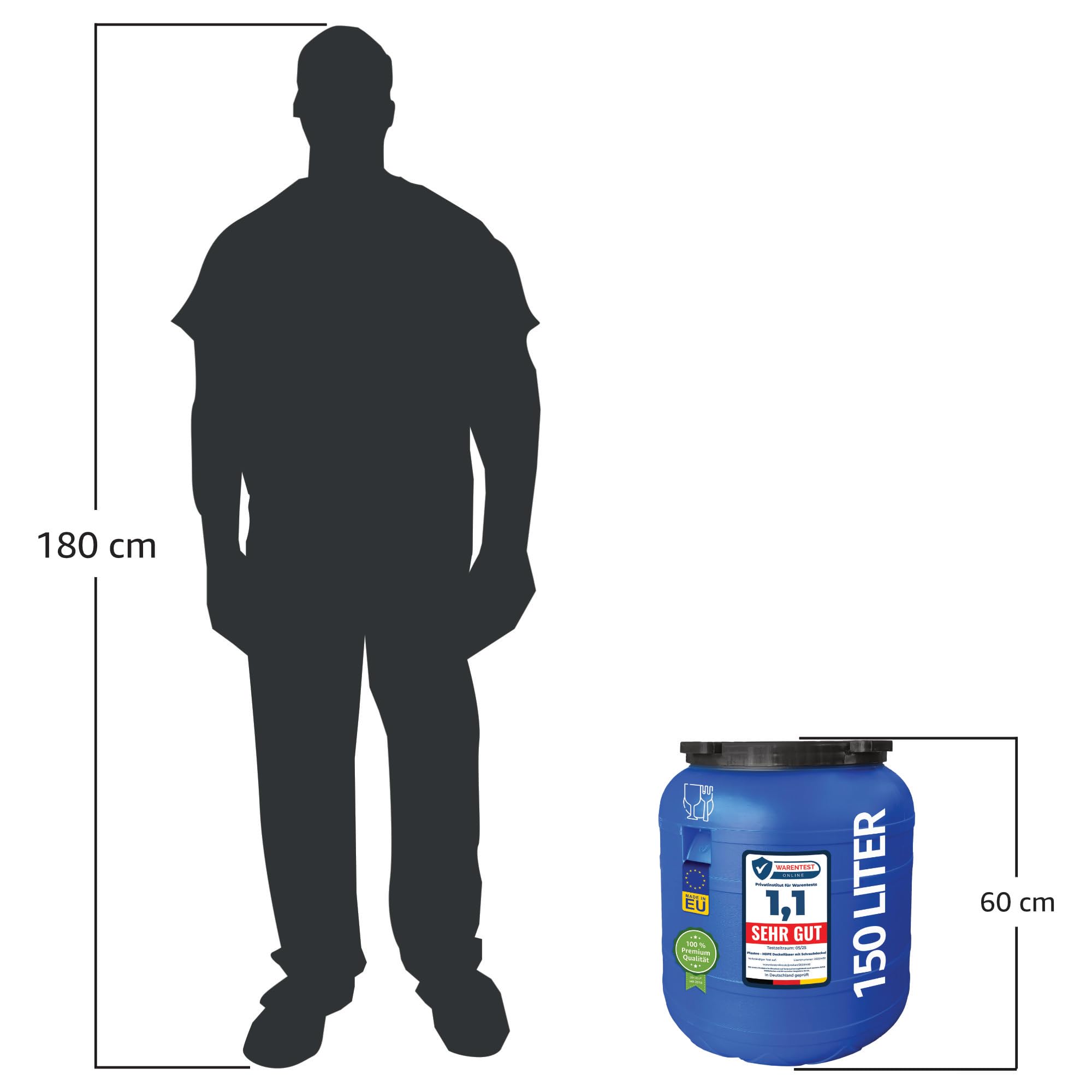 plasteo® Fût à col large de 150 litres avec couvercle à visser - En plastique universel - Convient à un usage alimentaire - Avec poignées stables - Bleu