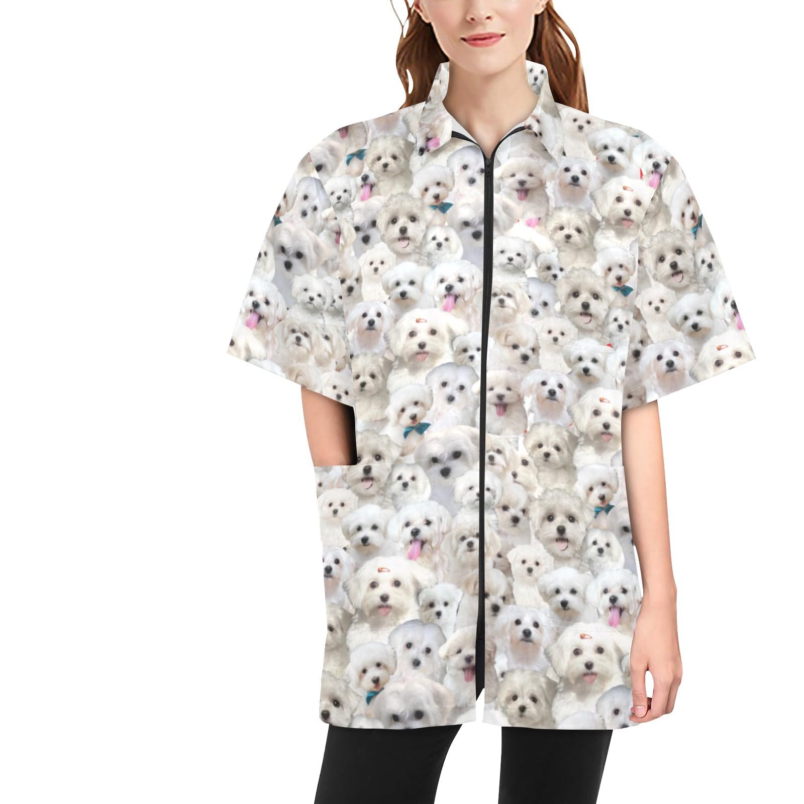 COWCUTE Maltese Dog Print Pet Grooming Jackets, Waterproof Smock Jacket for Pet Groomers Barbers, Maltese Dog Lover Gifts