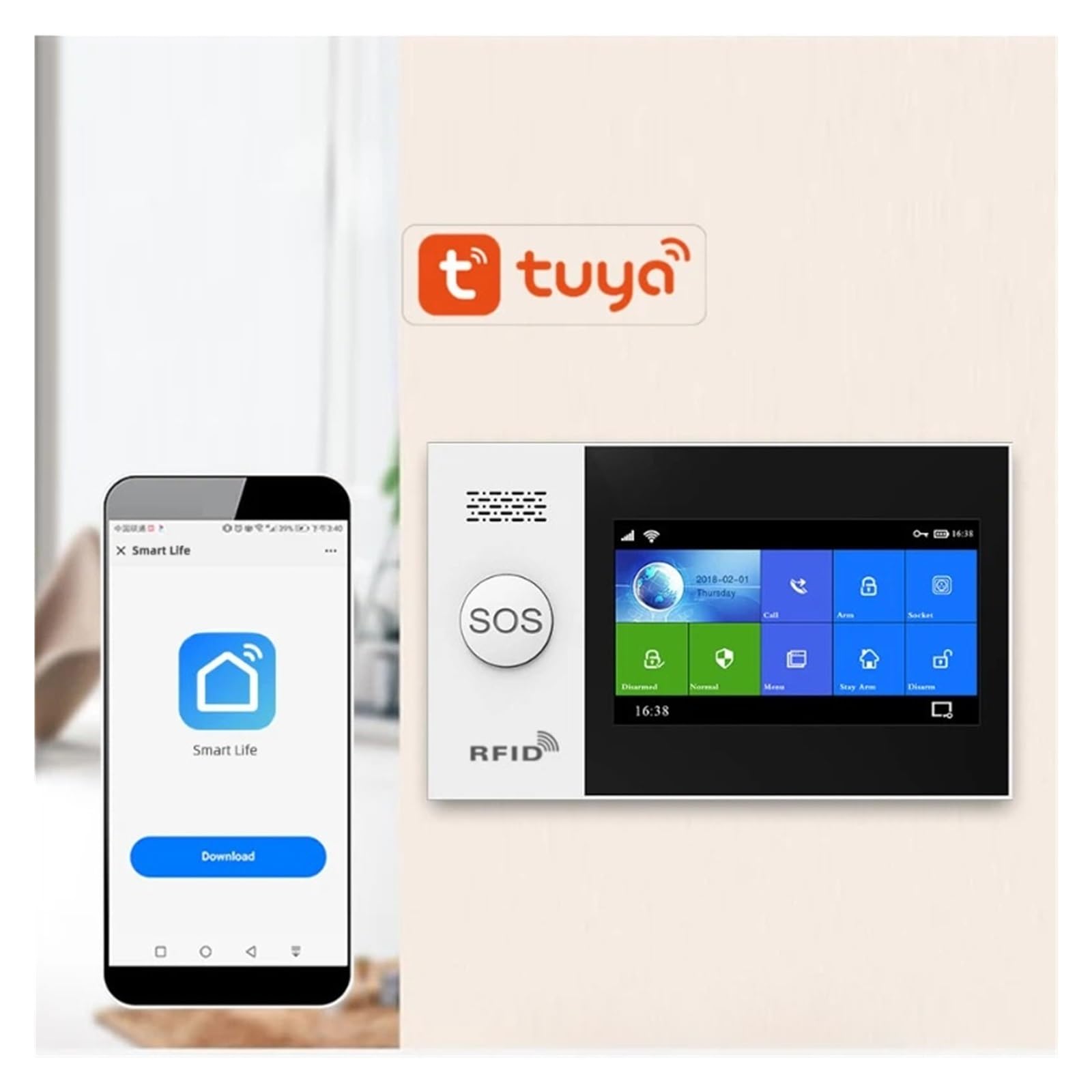 TUYA WIFI GSM 4,3-calowy, W Pełni Dotykowy Inteligentny System Alarmowy Domu Z Bezprzewodową Mini Syreną Wewnętrzną Zdalny Monitoring(B)