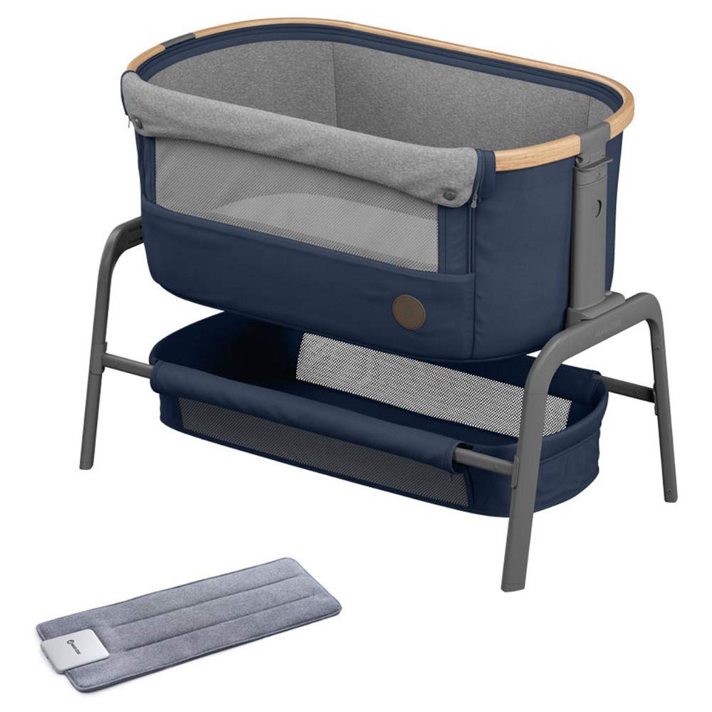 Maxi-Cosi Iora Co-Sleeper, Bedside Crib with Easy Slide Function, Suitable from Birth, 0 Months - 9 kg, Essential Blue with e-Snooze Baby Sleep Tracker