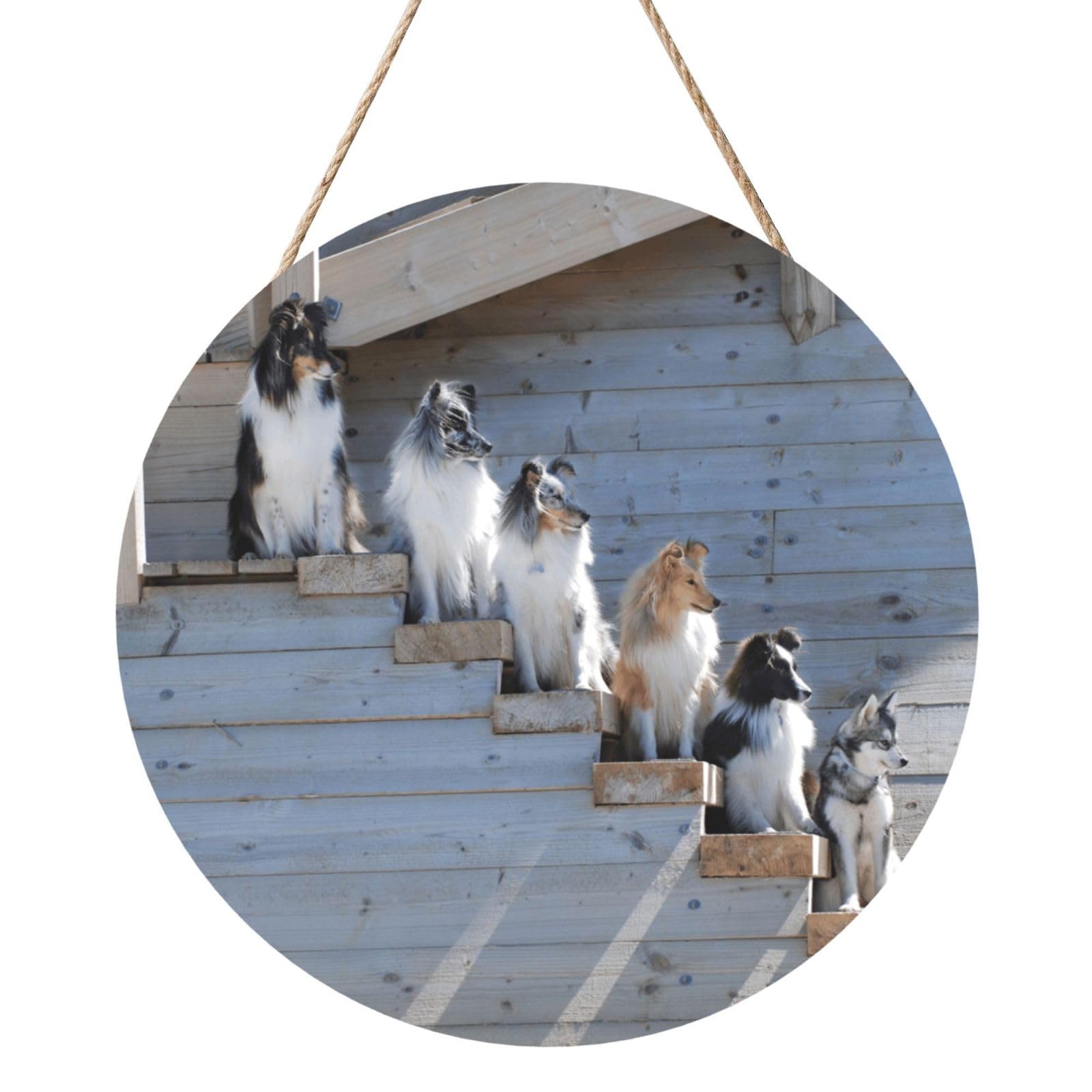 InOmak Dogs Border Collie Shetland SheepDogs Alaskan, Round Wood Panel Painting 12 in, Wall Hanging Painting For Home