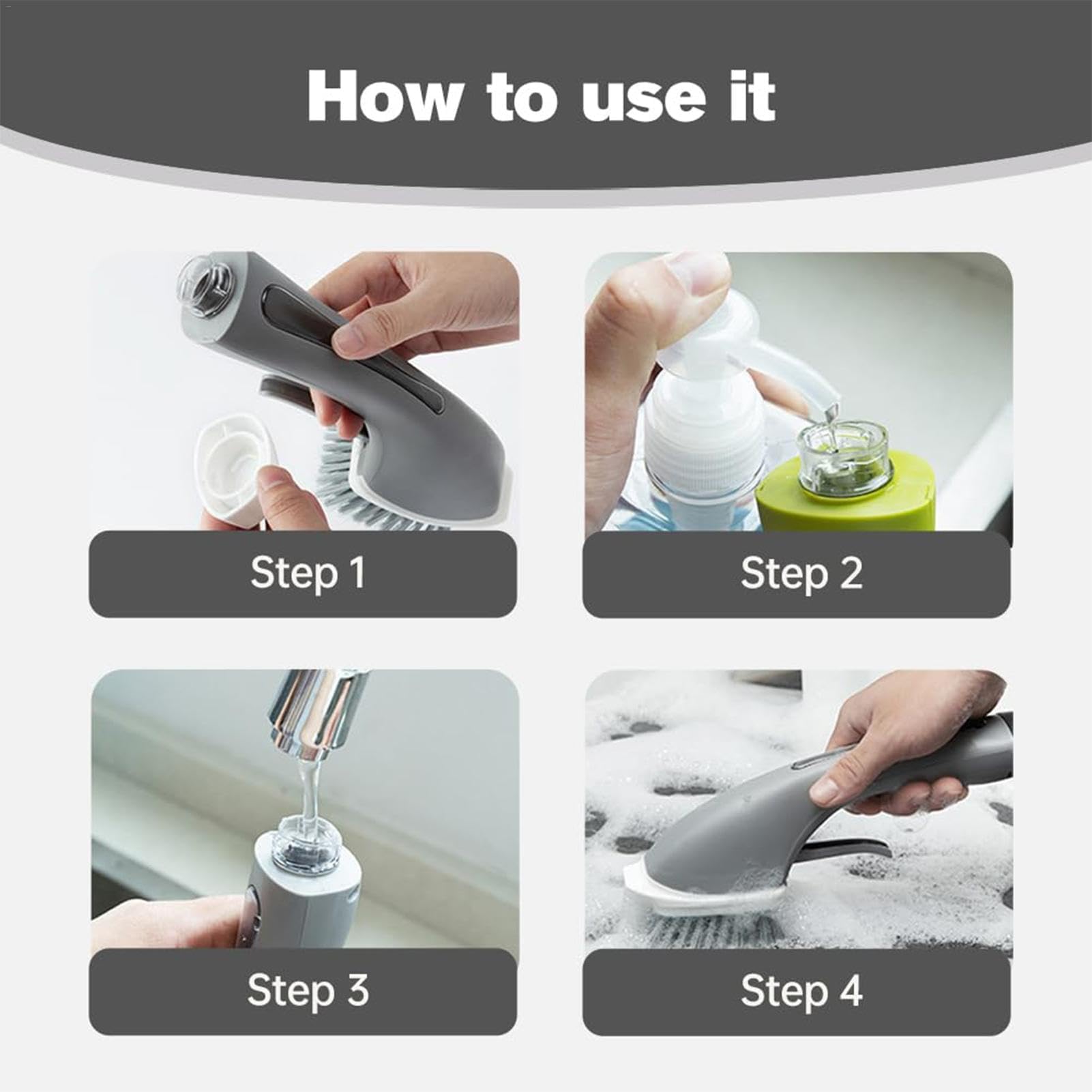 Cepillo for rincones, Cepillo for Fregar, Cepillo for Platos de Cocina, cepillos de Cocina for Platos, dispensador de jabón, fregador, Cepillo automático for Platos - Agregar detergente(Gray)