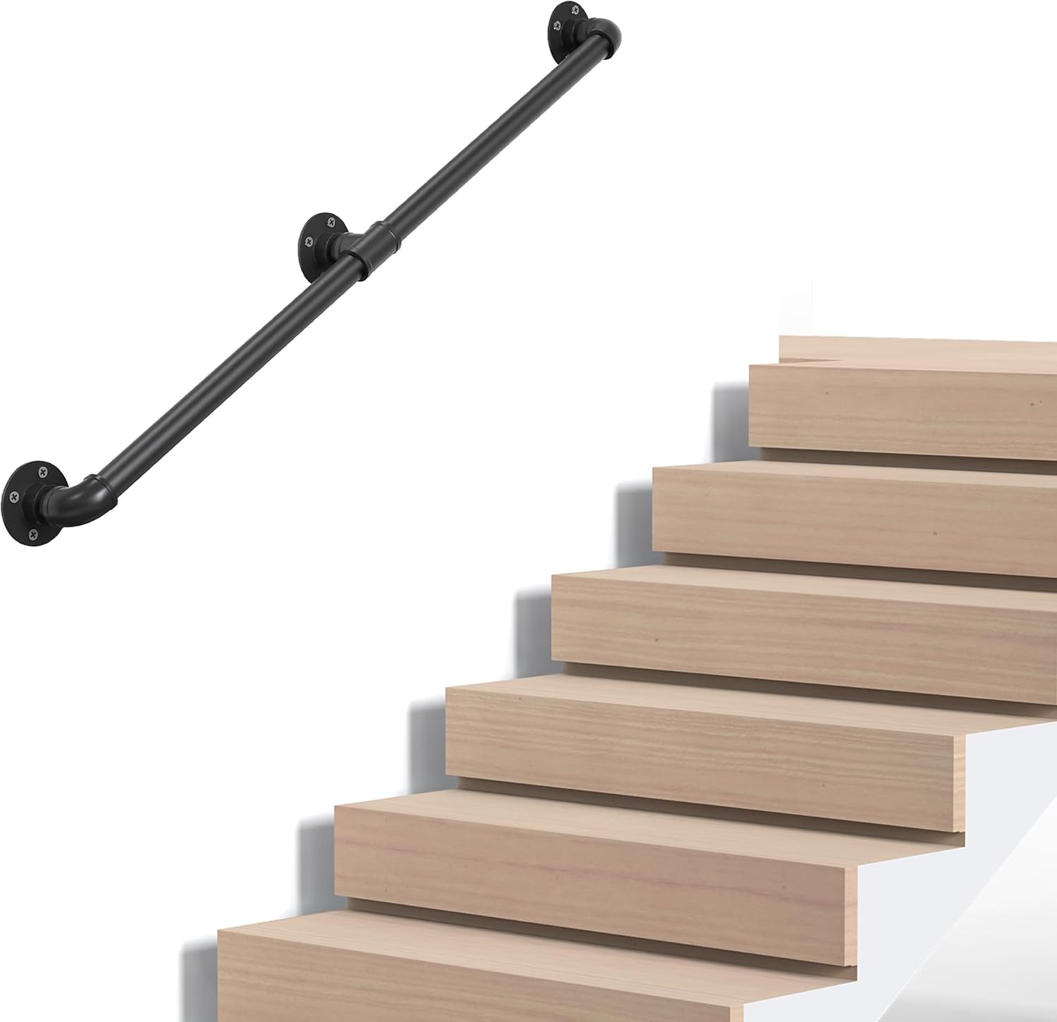 Industrial Pipe Stair Handrail, Wall-Mounted Metal Hand Rail for Indoor & Outdoor Steps, Black Galvanized Iron, Vintage Farmhouse Style, Heavy Duty Support for Stairs & Porch (Black, 4ft) 4ft Black