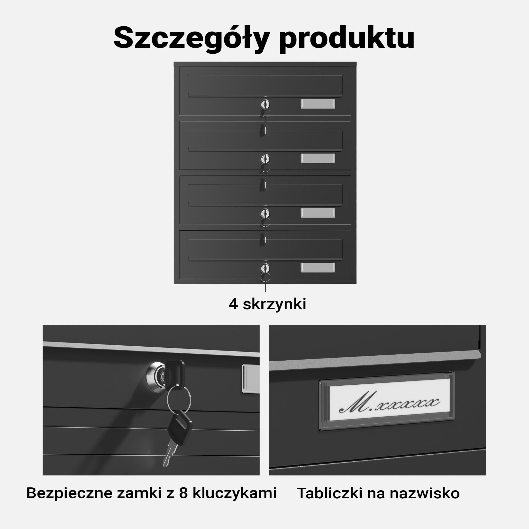 Wiltec Wolnostojąca poczwórna skrzynka na listy czarna, stalowa z 4 skrzynkami pocztowymi zamykana na klucz, stojąca do montażu podłogowego