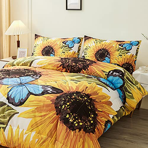 Namoxpa Sunflower Comforter Sets,Beautiful Seamless Pattern With Sunflower Blue Butterflies On White Background,Decorative Bedding Comforter Sets With 2 Pillow Shams, Queen Size #TOP1