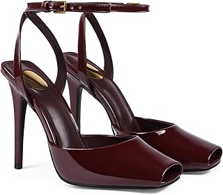 CAGLGLZ Square Open Toe Heeled Sandals for Women Patent Leather Stiletto High Heels Peep Toe Ankle Strap Backless Pumps Fa Price In India