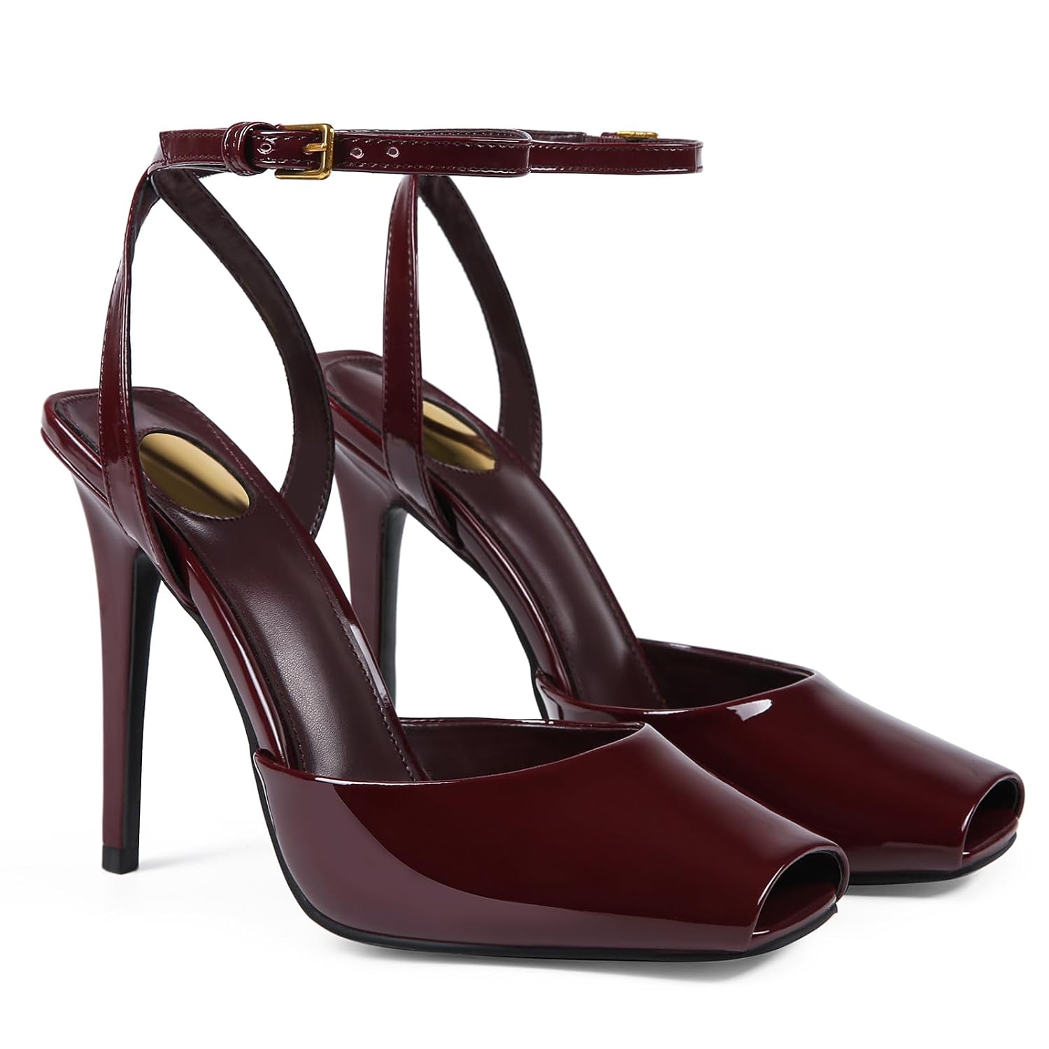 CAGLGLZ Square Open Toe Heeled Sandals for Women Patent Leather Stiletto High Heels Peep Toe Ankle Strap Backless Pumps Fa...