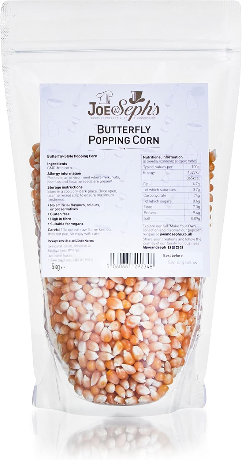 Joe & Sephs Popping Corn Kernels (1x5kg) | XXX-Large Bag, Popcorn Maker Use, Movie Night Snack, Unflavoured, Healthy, DIY