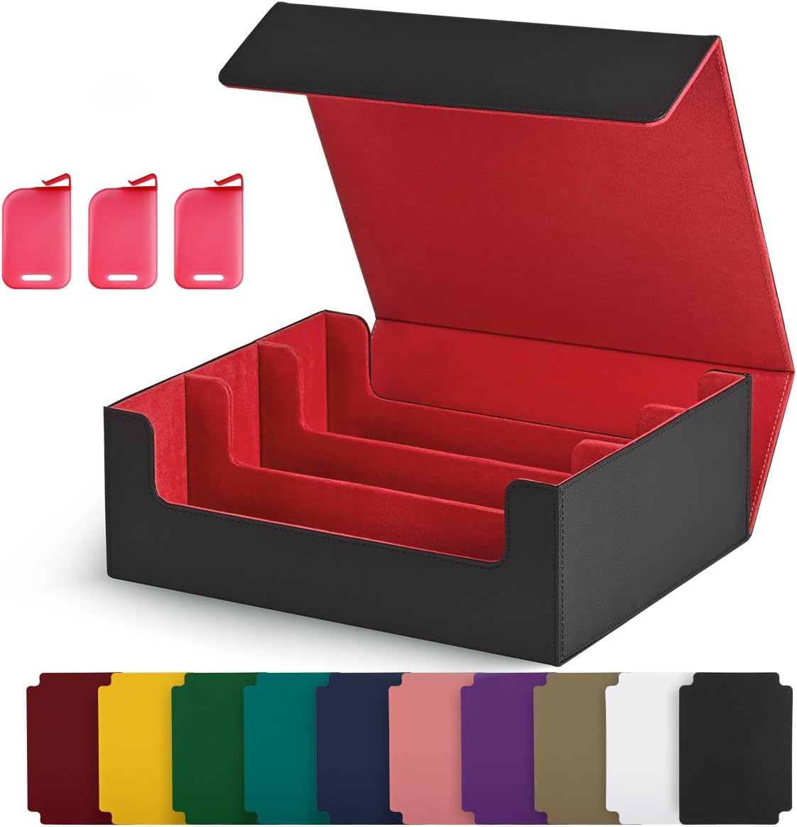 UAONO Trading Card Storage Box, Holds 1800 Sleeved Cards with 10 Dividers & 3 Stoppers, Magnetic Closure PU Leather Card Case for MTG, PTCG, YGO, Sports Cards (Black&red)