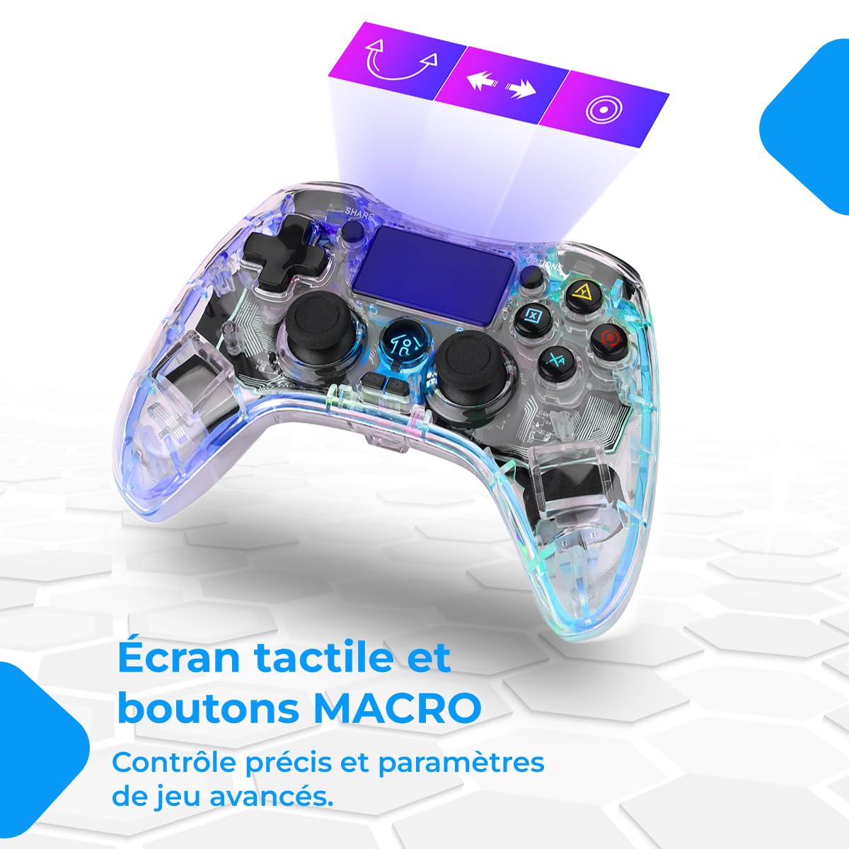 NK Manette pour PS4 / PC/Android - Manette sans fil avec 2-Shock, 6 axes, 2 boutons MACRO, 7 Modes de Lumière LED, Pavé Tactile, Prise Casque, Câble de Charge inclus - Noir Transparent